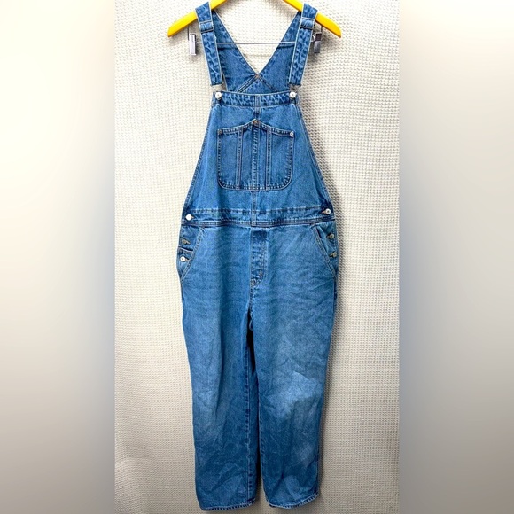 Old Navy Women’s 16 Denim Side Button Jean Bib Overalls Wide Leg Med Wash Y2K - Picture 1 of 11